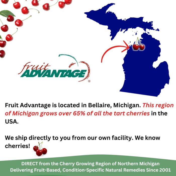 Infographic celebrating Fruit Advantage delivering fruit-based supplements and products since 2001 using USA-grown Montmorency cherries