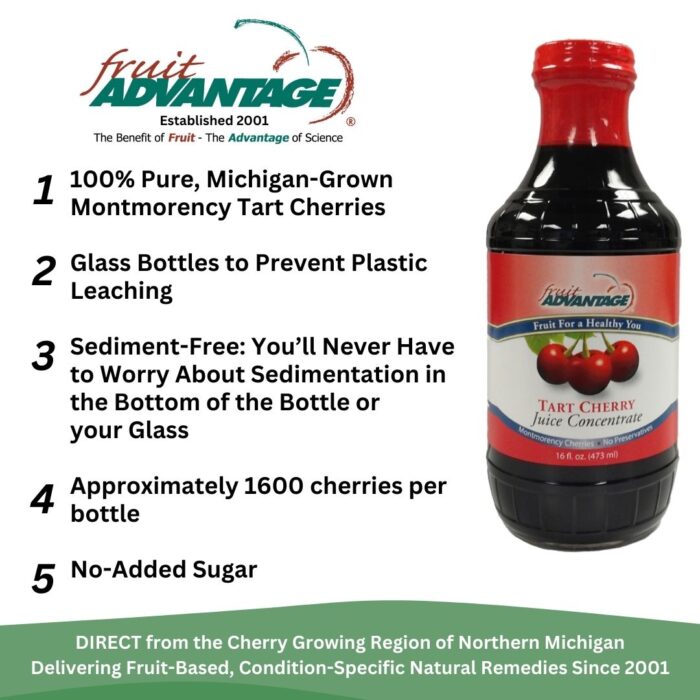 Overview of key benefits of Fruit Advantage Tart Cherry Juice Concentrate made with USA-grown Montmorency cherries