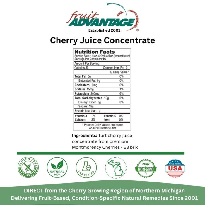 Nutrition facts label for Fruit Advantage Tart Cherry Juice Concentrate made from USA-grown Montmorency tart cherries