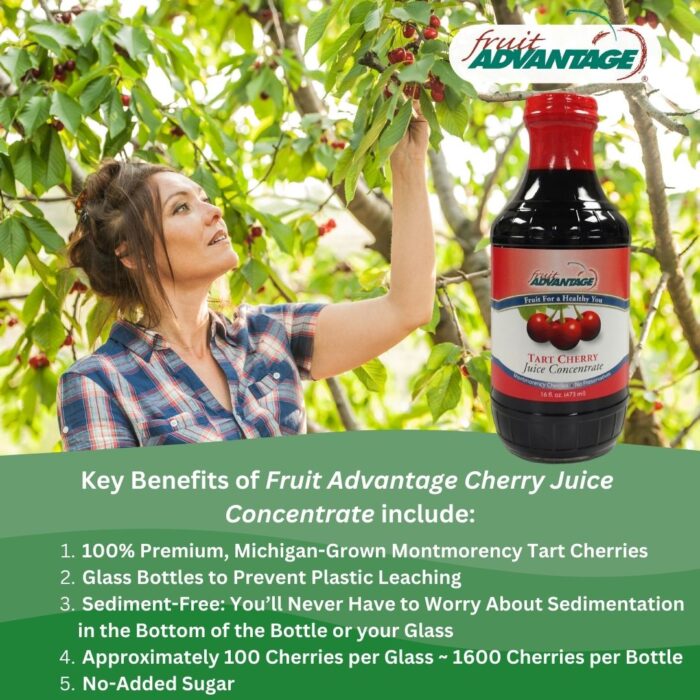 Infographic showcasing the natural key benefits of Fruit Advantage Tart Cherry Juice Concentrate made with USA-grown Montmorency cherries