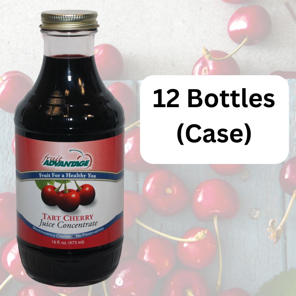 Twelve bottles of Fruit Advantage Montmorency Tart Cherry Juice Concentrate made from USA-grown cherries with 68 Brix and sediment-free guarantee