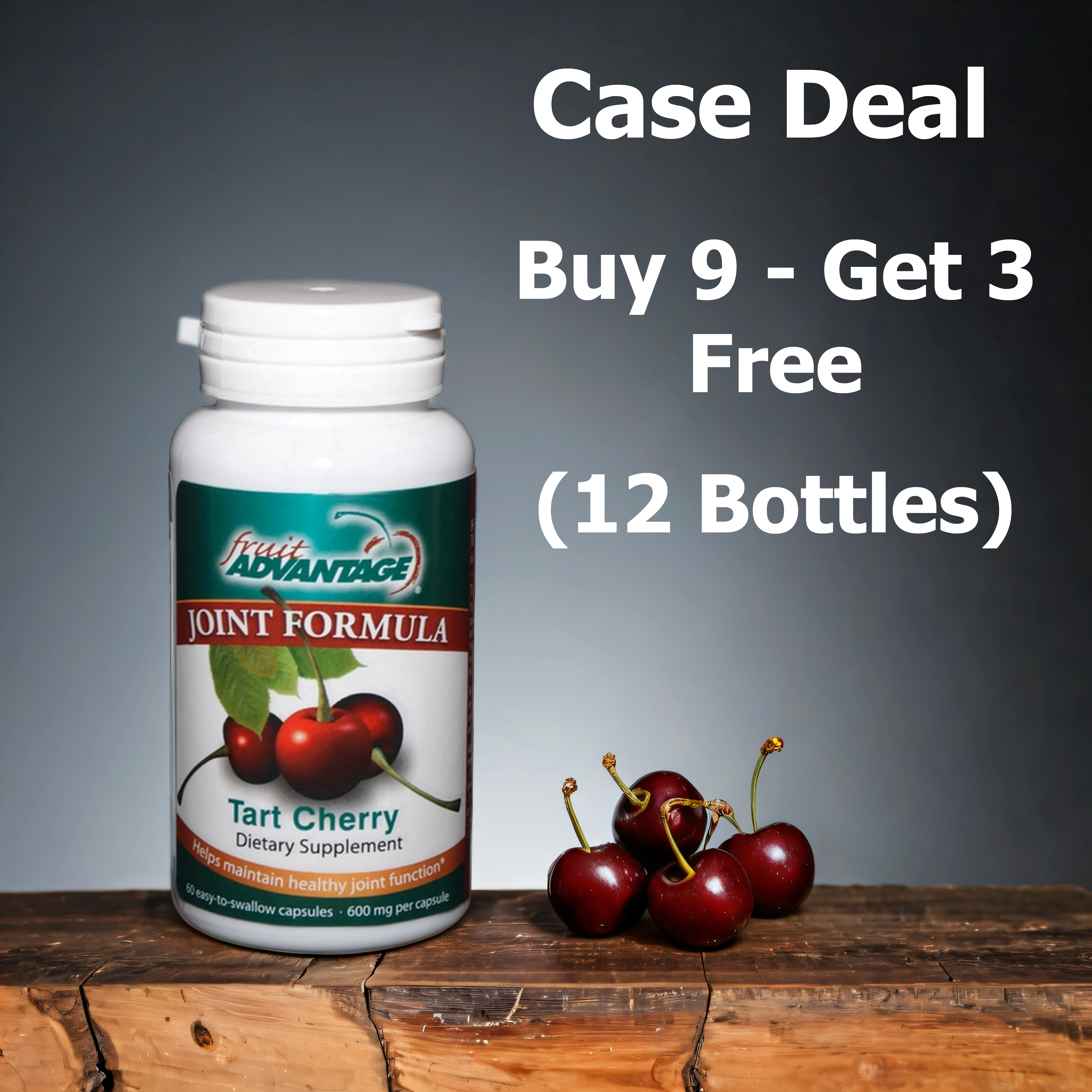 Fruit Advantage Montmorency cherry capsules case deal, buy 9 bottles get 3 free, whole fruit tart cherry for joint, sleep, and inflammation support