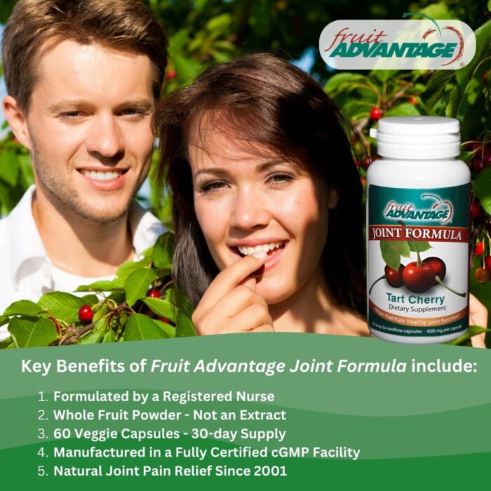Infographic highlighting key benefits of Fruit Advantage Tart Cherry Capsules for joints, sleep, recovery, and inflammation management
