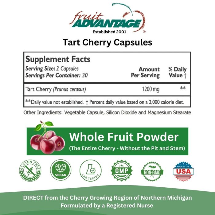Supplement facts panel for Fruit Advantage Tart Cherry Capsules showing serving size and 1200mg whole fruit cherry content