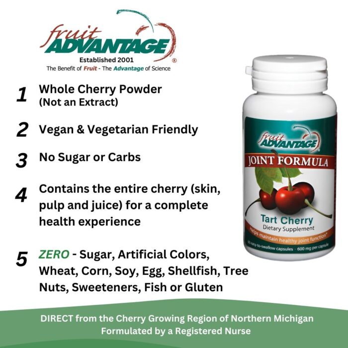 Product overview of Fruit Advantage Tart Cherry Capsules highlighting whole fruit benefits for joints, sleep, and recovery