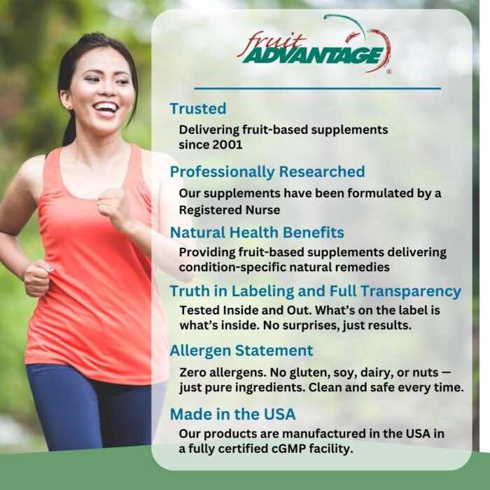 Infographic overview of Fruit Advantage Tart Cherry Capsules highlighting key benefits for joints, sleep, and inflammation support
