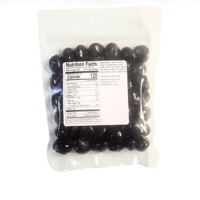 Nutrition label for Traverse Bay Farms dark chocolate covered Montmorency cherries, 8 oz bag