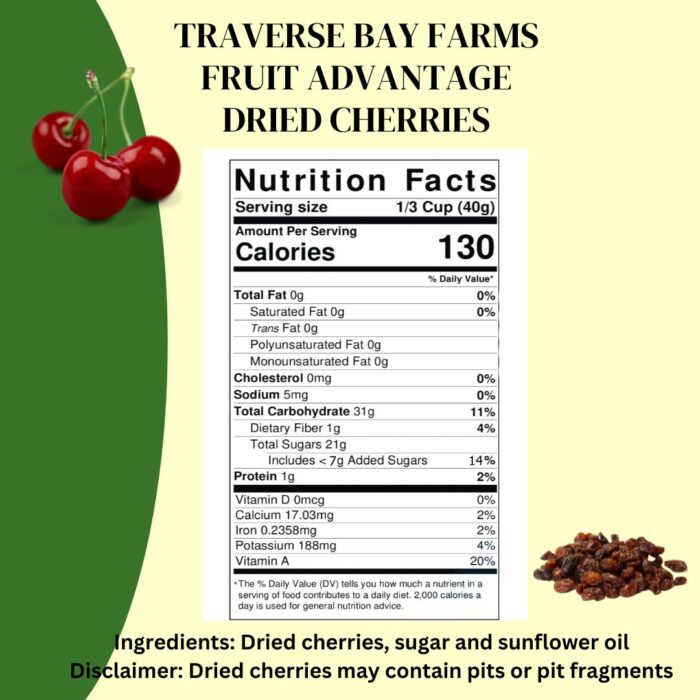 Nutrition label for Fruit Advantage dried Montmorency cherries, made with Michigan-grown fruit