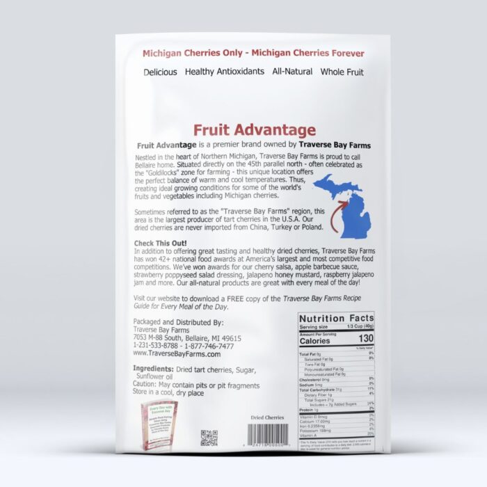 Nutrition label for Fruit Advantage dried Montmorency cherries, made with Michigan-grown fruit