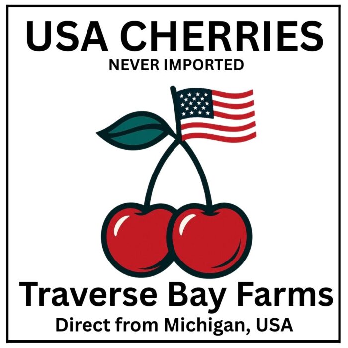 Traverse Bay Farms logo emphasizing USA-grown cherries and never imported fruit