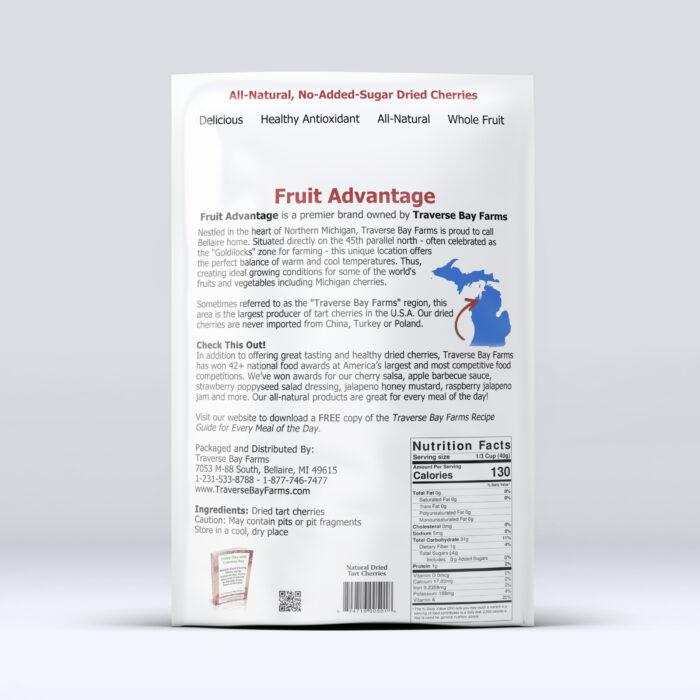 Nutrition label for Fruit Advantage no-added sugar dried Montmorency cherries, 8 oz bag