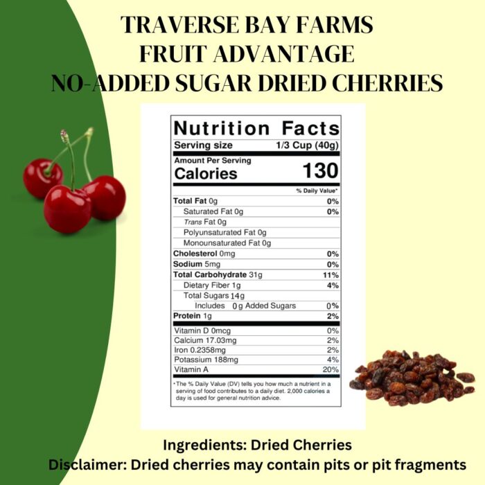 Close-up of nutrition label for Fruit Advantage no-added sugar dried Montmorency cherries, 8 oz bag